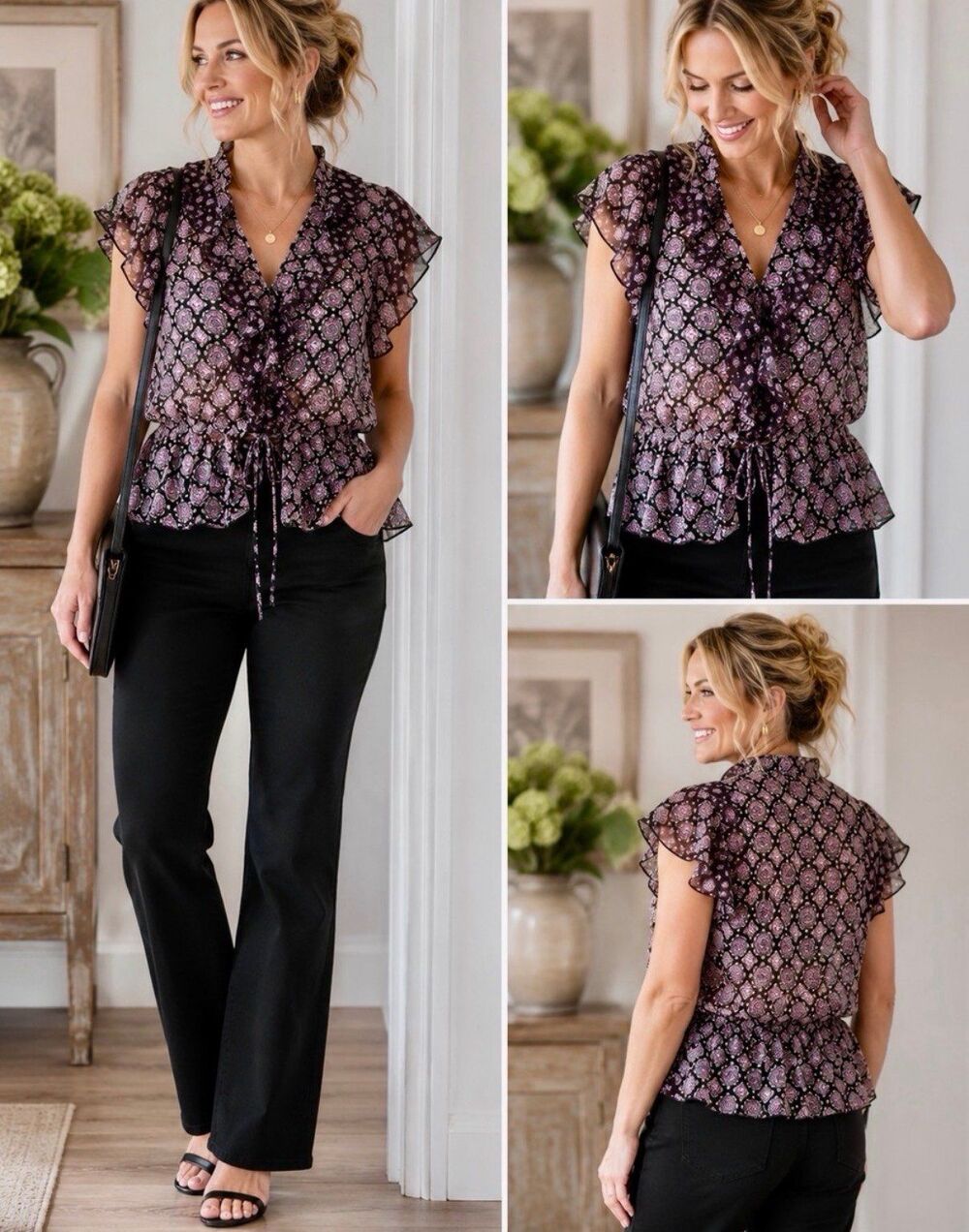 AGB Boho Purple Floral Blouse with Flutter Ruffle Sleeves. Size Medium